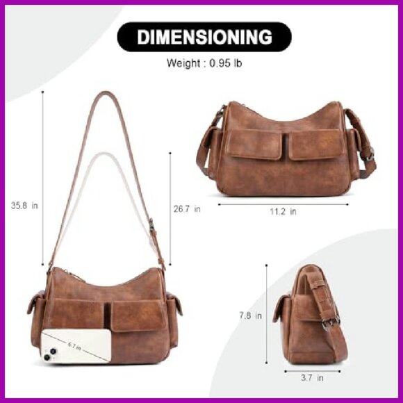 Vegan Leather Shoulder Bag, Multi-Pocket Crossbody, 11.2x7.8x3.7 - Picture 5 of 7